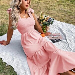 Tie Shoulder Shirred Ruffle Hem Cami Dress
